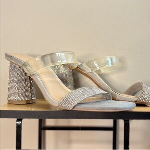 Call It Spring Rhinestone & Clear Illusion Strap 3” Block Heel Sz 7.5